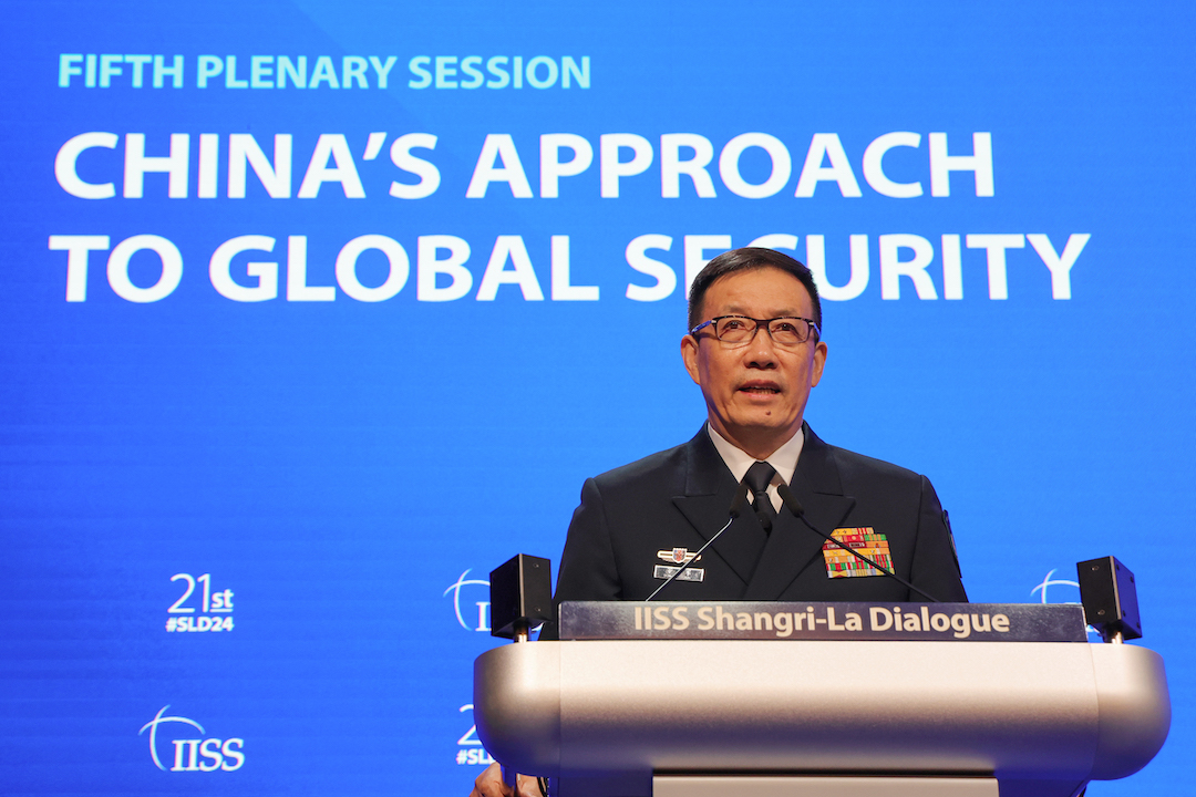 Chinese Defense Minister Dong Jun speaks at the Shangri-La Dialogue in Singapore on June 2. Photo: VCG